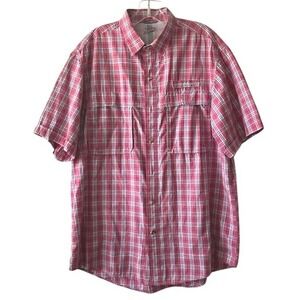 IZOD Saltwater Mens‎ Shirt L Coral Plaid Vented Short Sleeve Outdoor Fishing